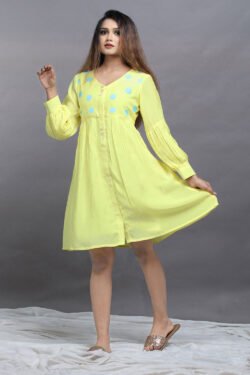 Beautiful Lemon yellow Muslin Short Dress Kurtis Design.