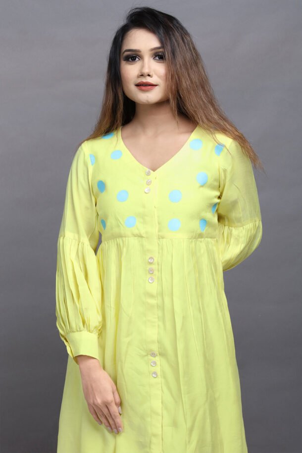 Beautiful Lemon yellow Muslin Short Dress Kurtis Design