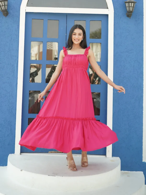 Buy Trending fancy Fuchsia Rayon Midi Long Dress.