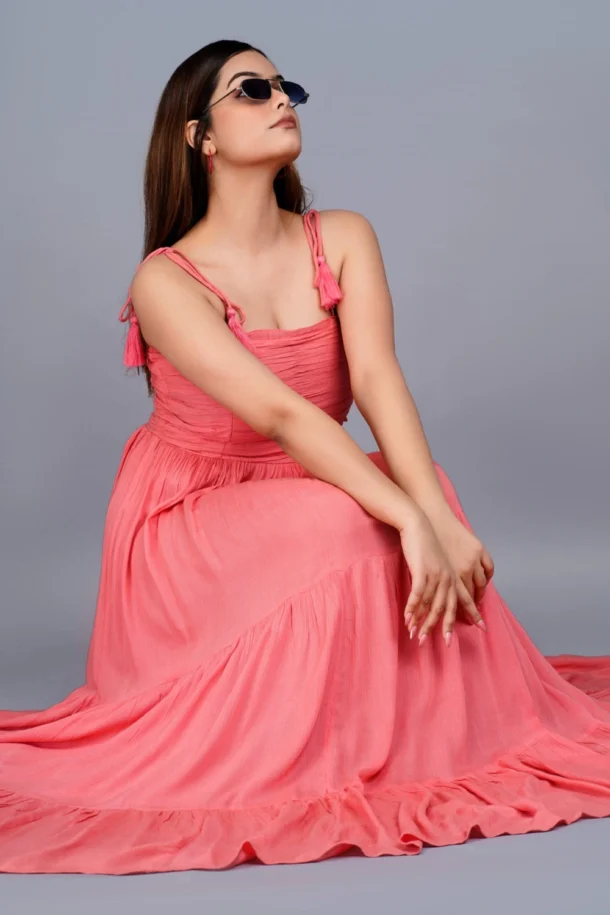 Buy Party wear Trending Pink Sleeveless long Dress.