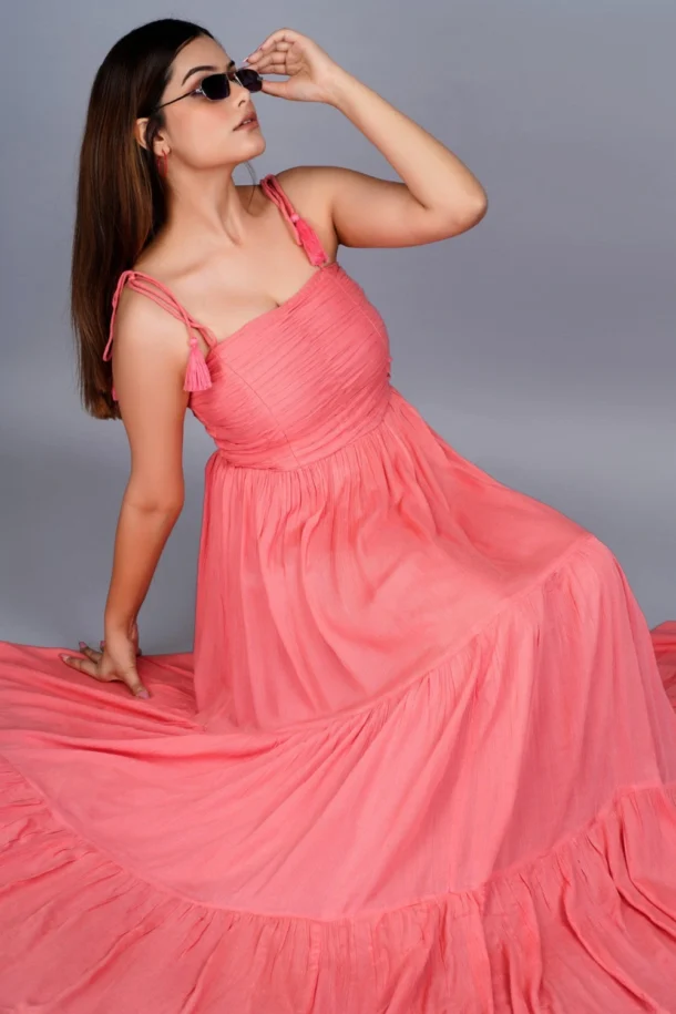 Buy Party wear Trending Pink Sleeveless long Dress.