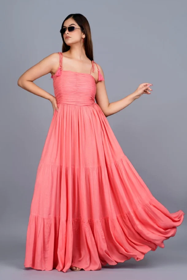 Buy Party wear Trending Pink Sleeveless long Dress.